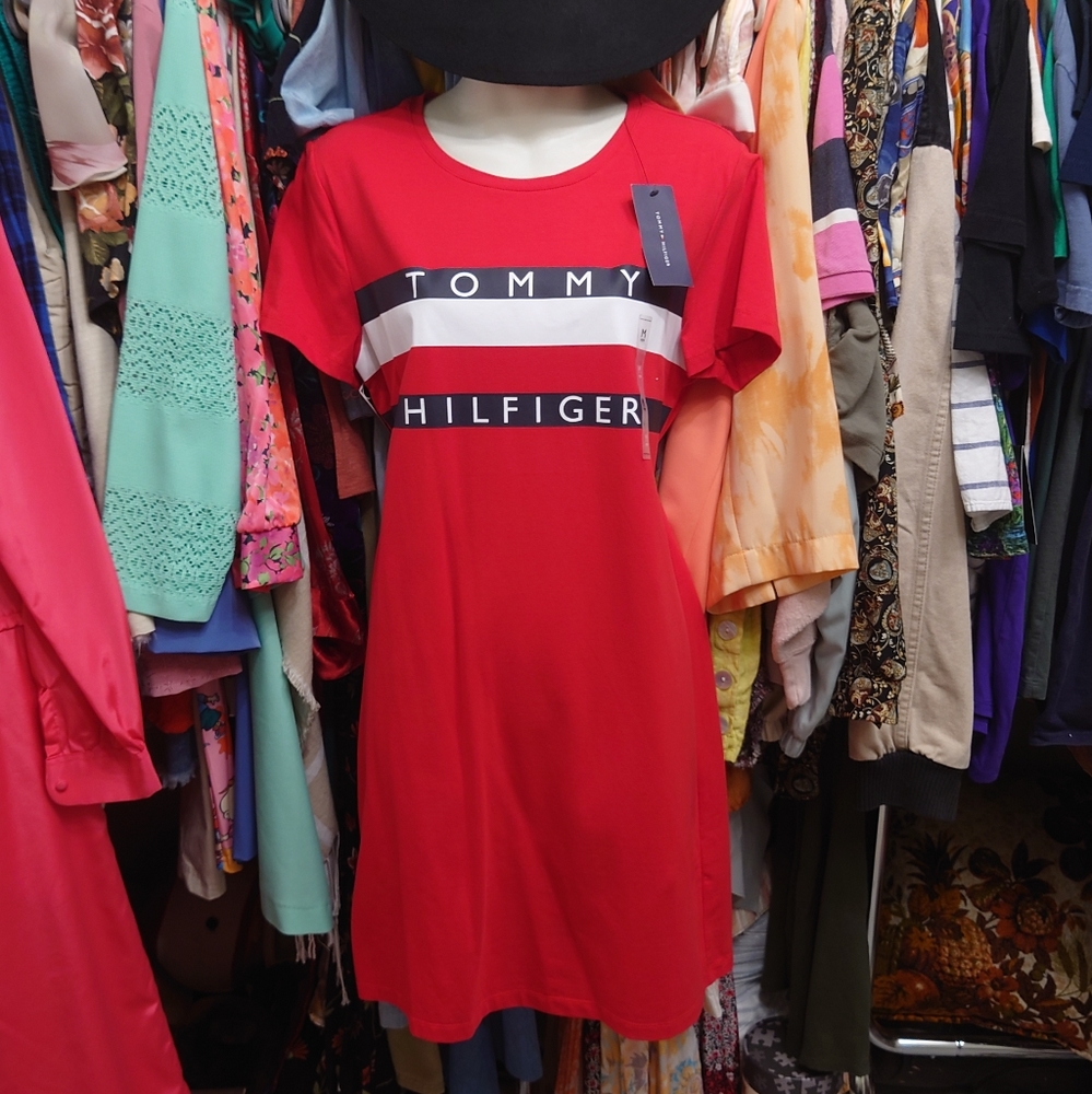 New Red with White & Navy Blue Stripes Tshirt Dress